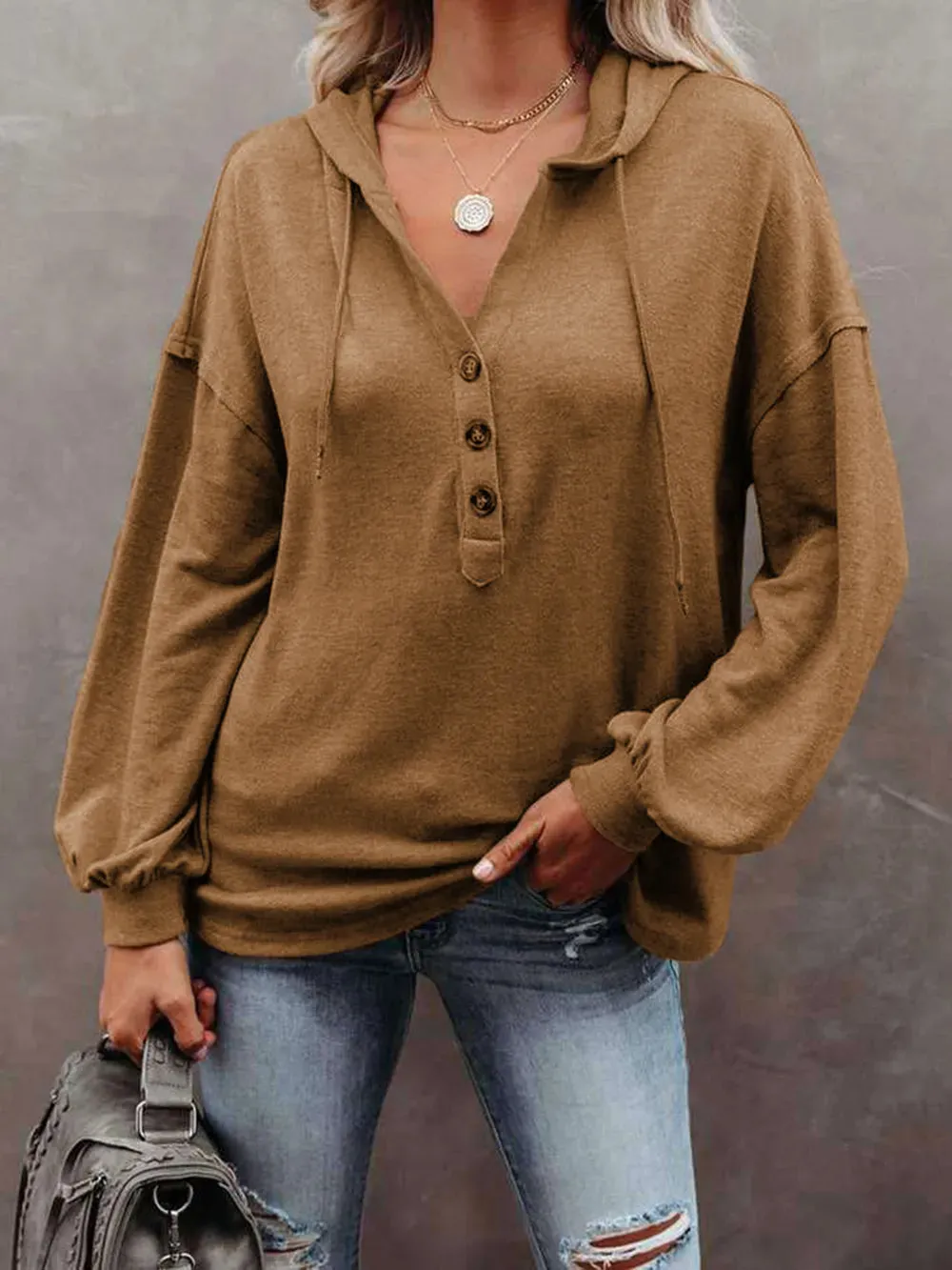 Buttoned Drop Shoulder Hoodie sold by Gigi Laurent