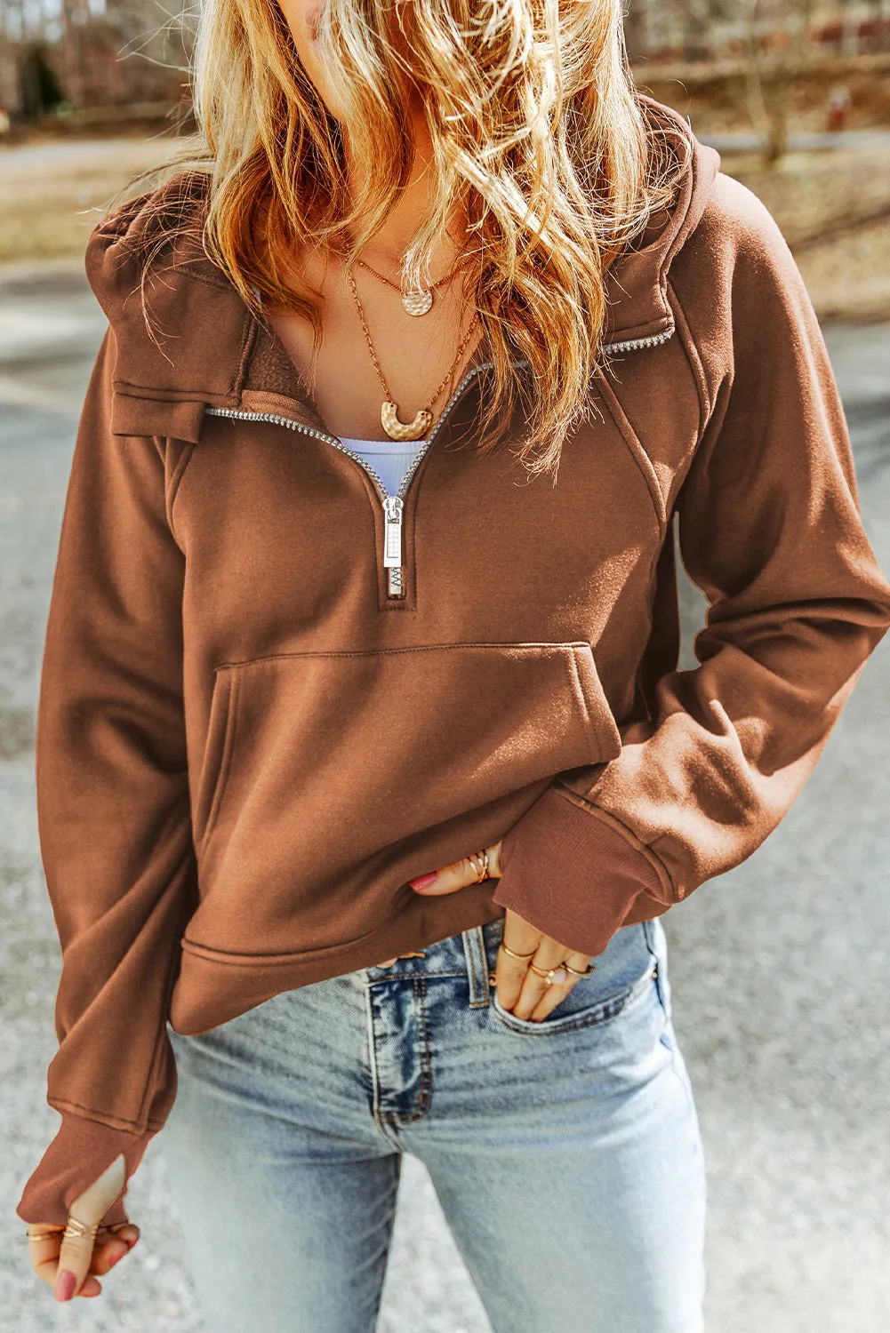 Half-Zip Thumbhole Sleeve Hoodie sold by Gigi Laurent product image thumbnail 5