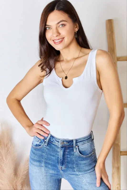 Zenana Microfiber Notched Sleeveless Bodysuit sold by Gigi Laurent