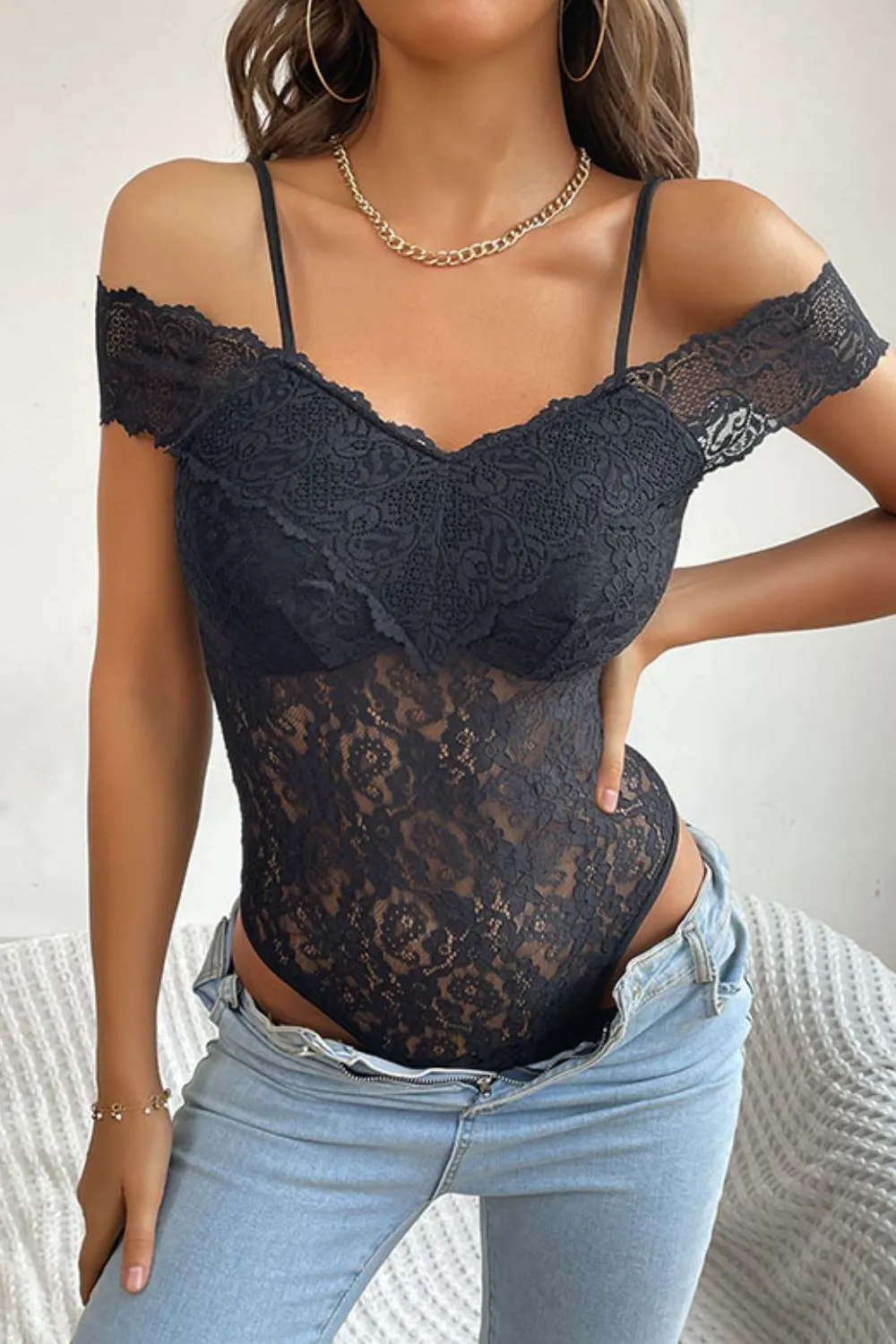 Perfee Lace Cold-Shoulder Bodysuit sold by Gigi Laurent