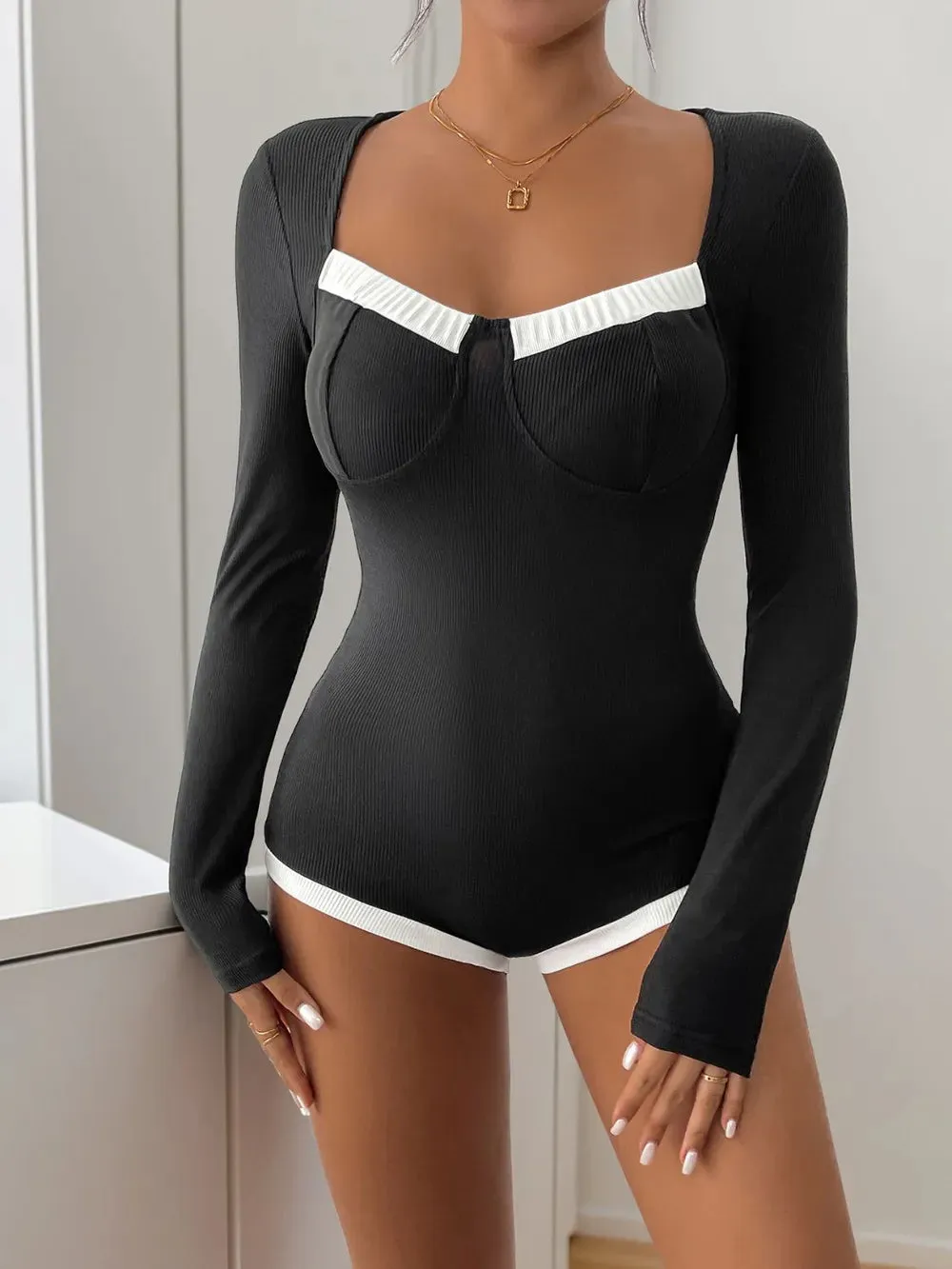 Perfee Ribbed Contrast Long Sleeve Bodysuit sold by Gigi Laurent product image thumbnail 5