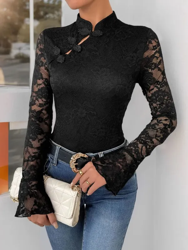 Perfee Lace Mock Neck Long Sleeve Bodysuit sold by Gigi Laurent