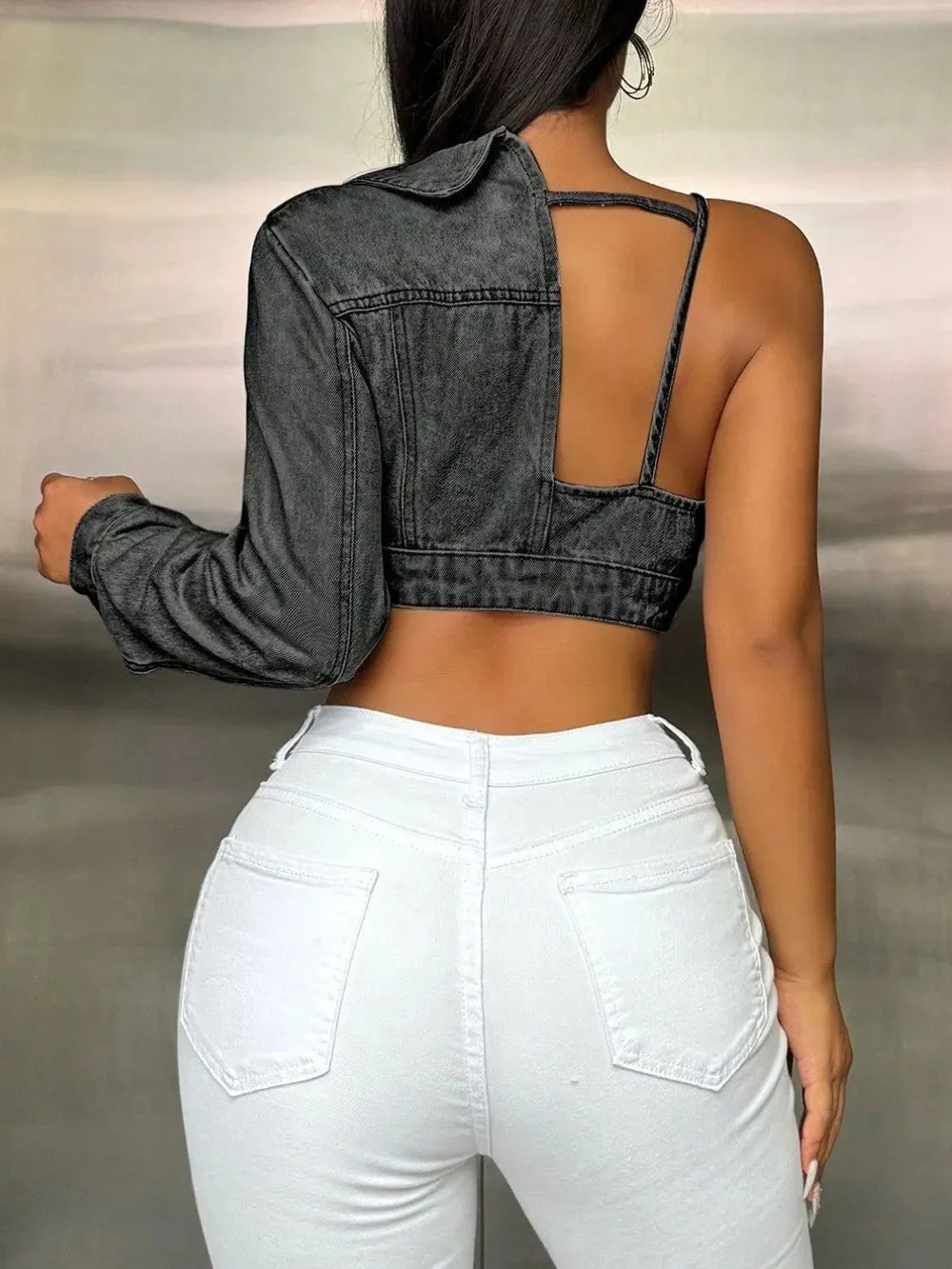One Shoulder Long Sleeve Cropped Denim Top sold by Gigi Laurent product image thumbnail 3