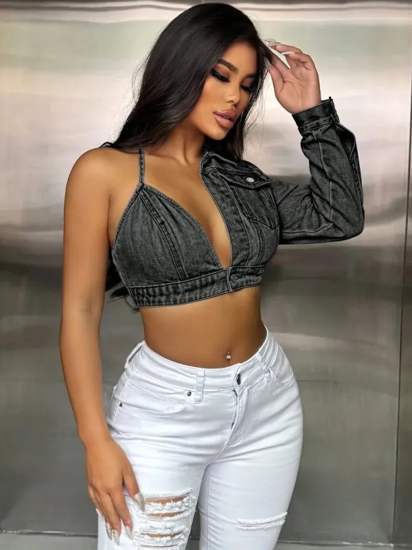 One Shoulder Long Sleeve Cropped Denim Top sold by Gigi Laurent