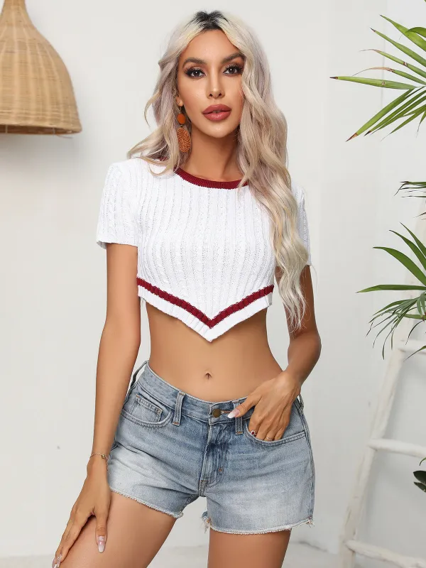 Contrast Round Neck Short Sleeve Cropped Knit Top sold by Gigi Laurent