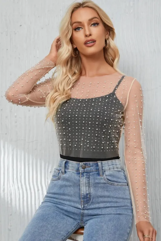 Pearl Long Sleeve Mesh Cropped Top sold by Gigi Laurent
