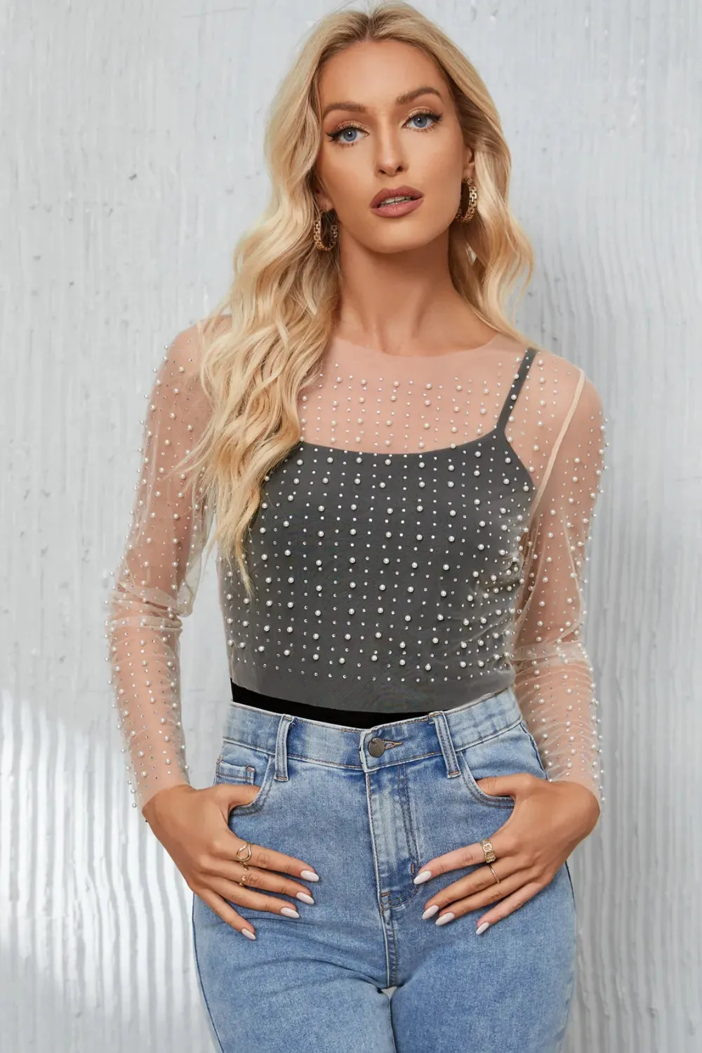 Pearl Long Sleeve Mesh Cropped Top sold by Gigi Laurent product image thumbnail 2