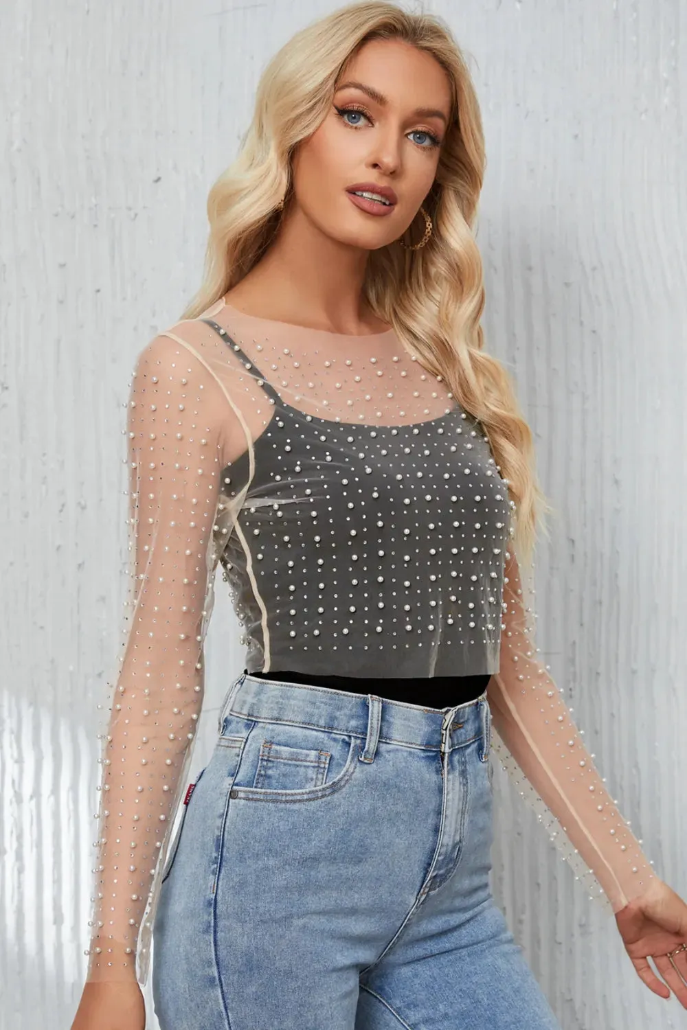 Pearl Long Sleeve Mesh Cropped Top sold by Gigi Laurent product image thumbnail 4