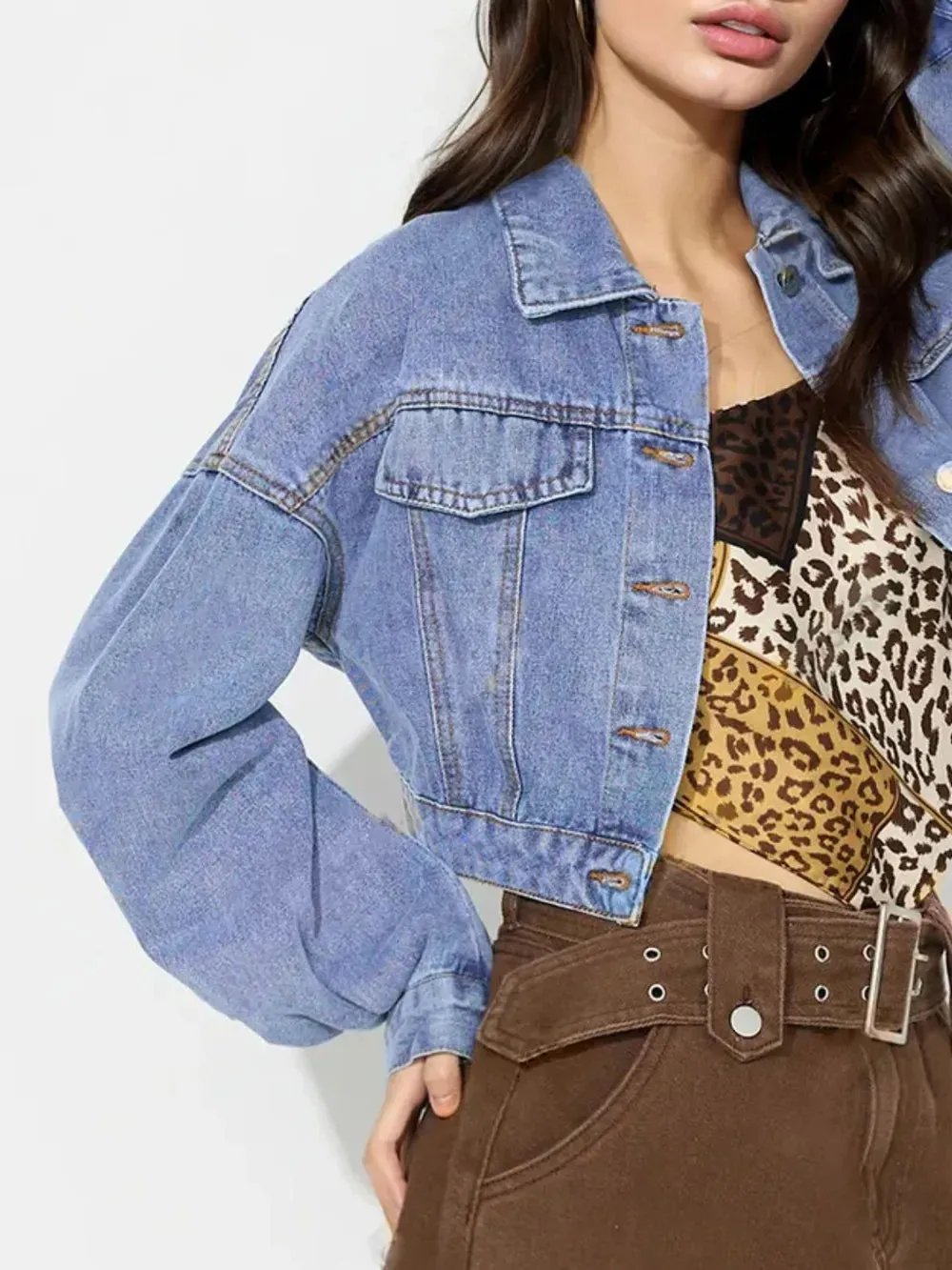 Collared Neck Dropped Shoulder Cropped Denim Top sold by Gigi Laurent product image thumbnail 5