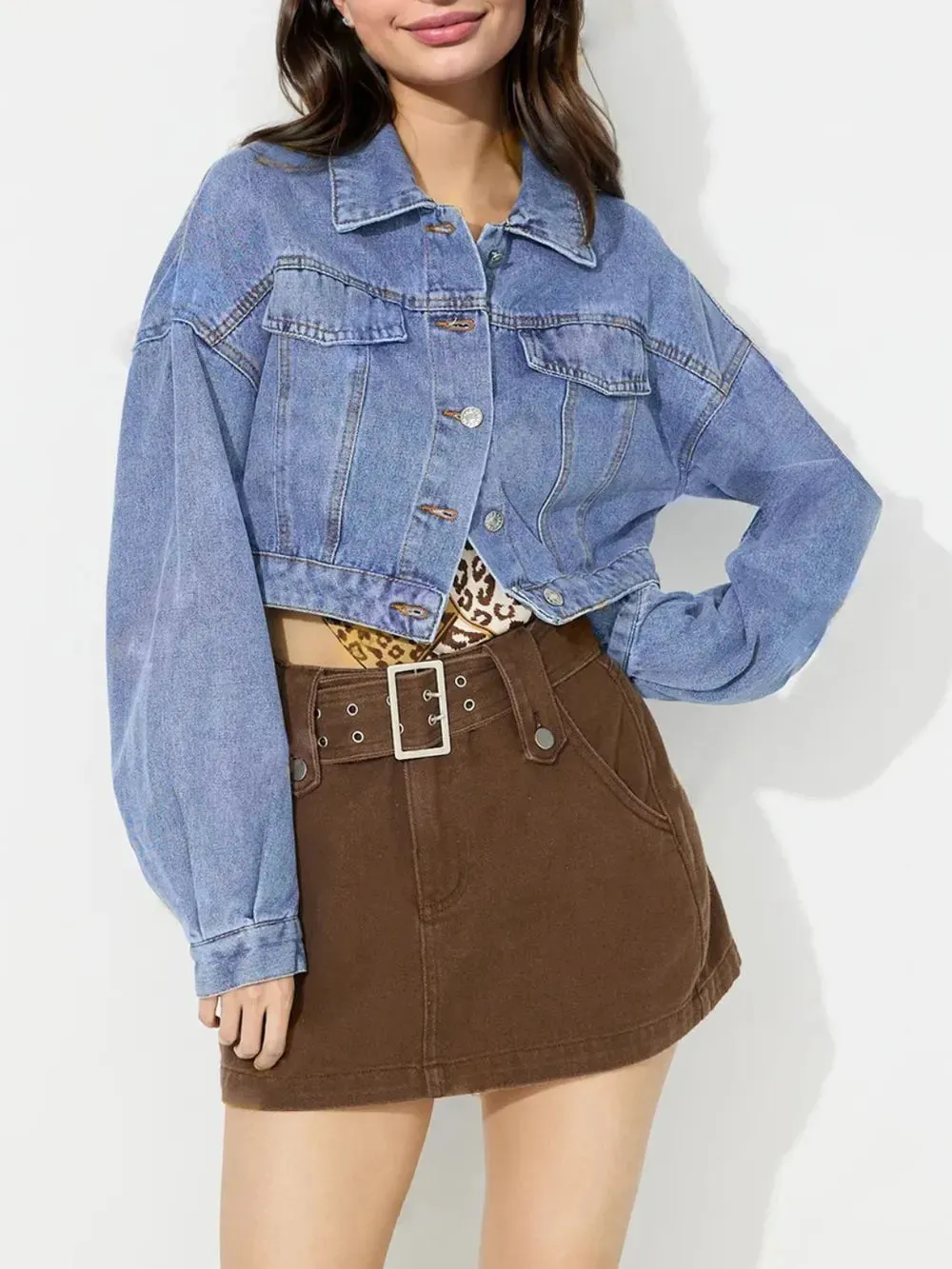 Collared Neck Dropped Shoulder Cropped Denim Top sold by Gigi Laurent