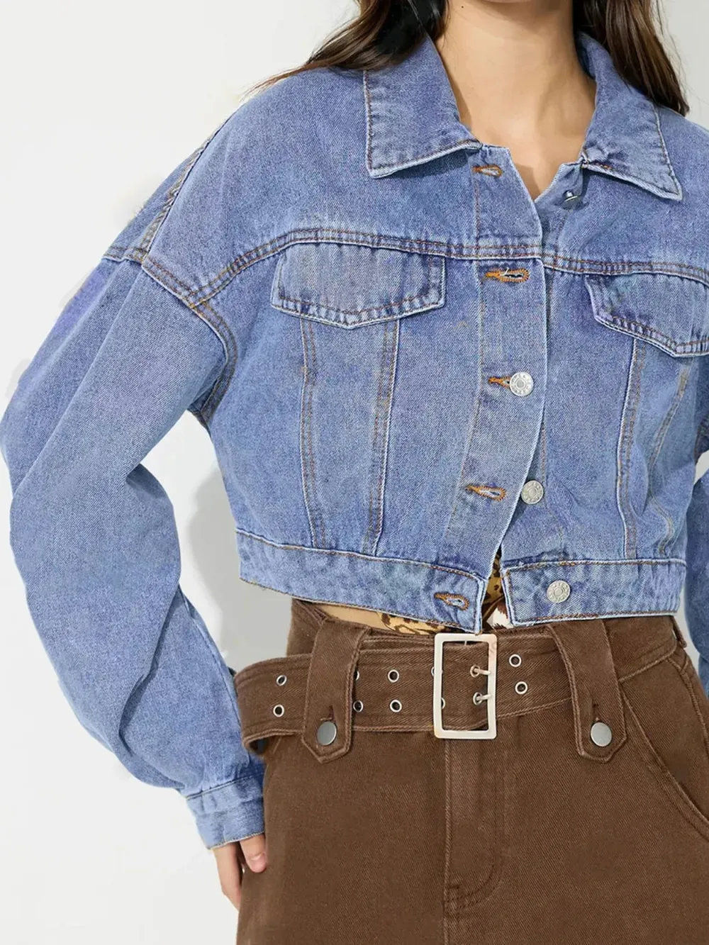 Collared Neck Dropped Shoulder Cropped Denim Top sold by Gigi Laurent product image thumbnail 4