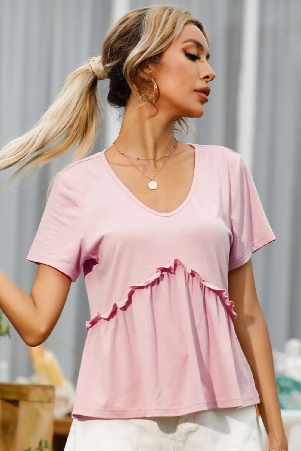 Shiny Frill Trim Short Sleeve Tee sold by Gigi Laurent product image thumbnail 3