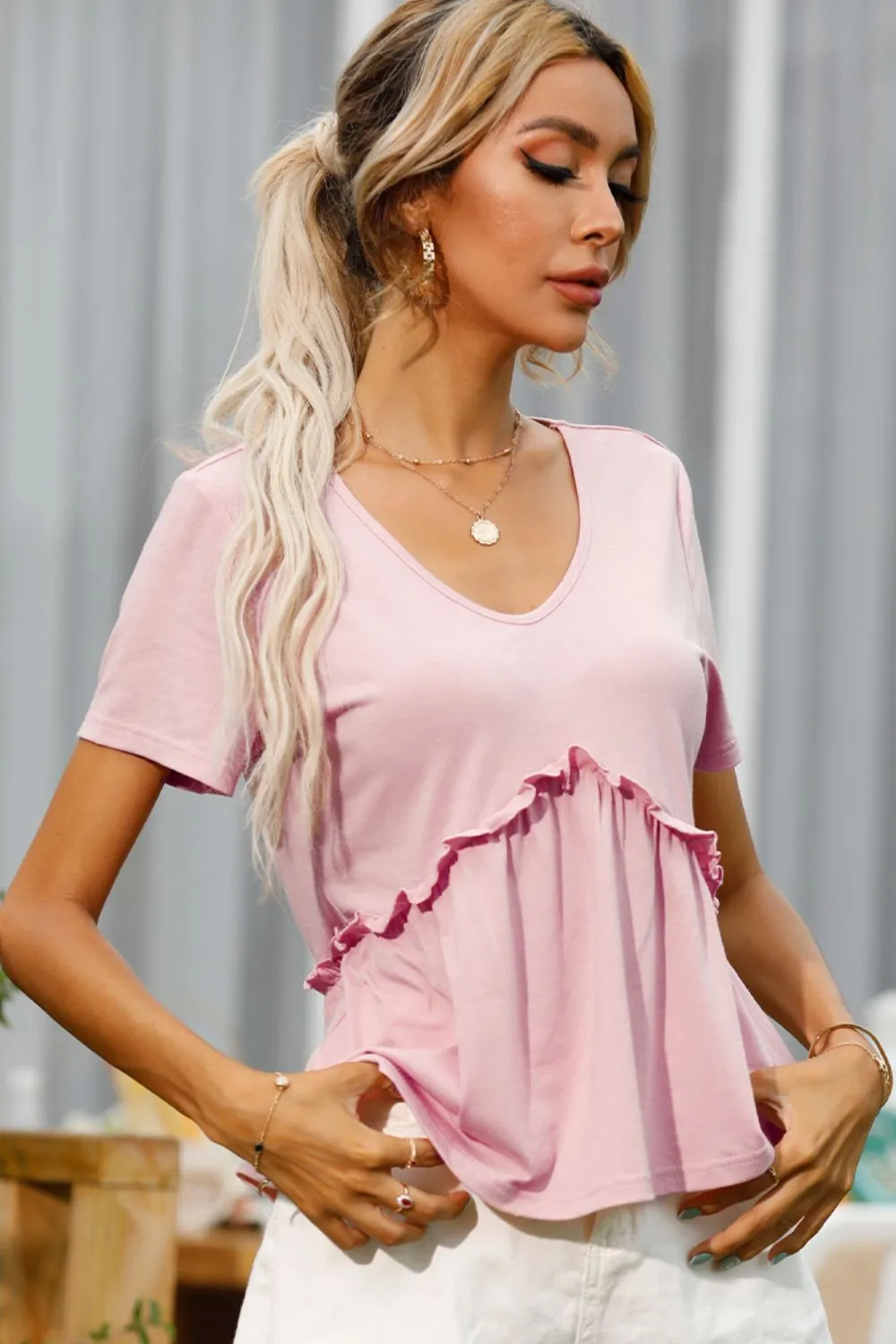 Shiny Frill Trim Short Sleeve Tee sold by Gigi Laurent product image thumbnail 4