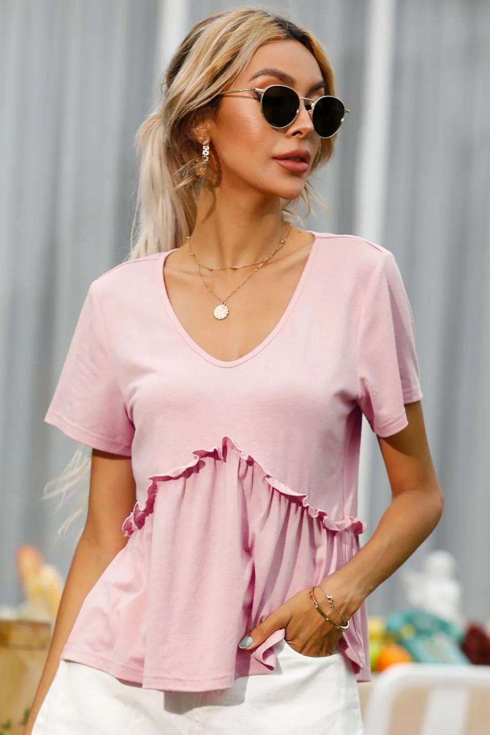 Shiny Frill Trim Short Sleeve Tee sold by Gigi Laurent product image thumbnail 5