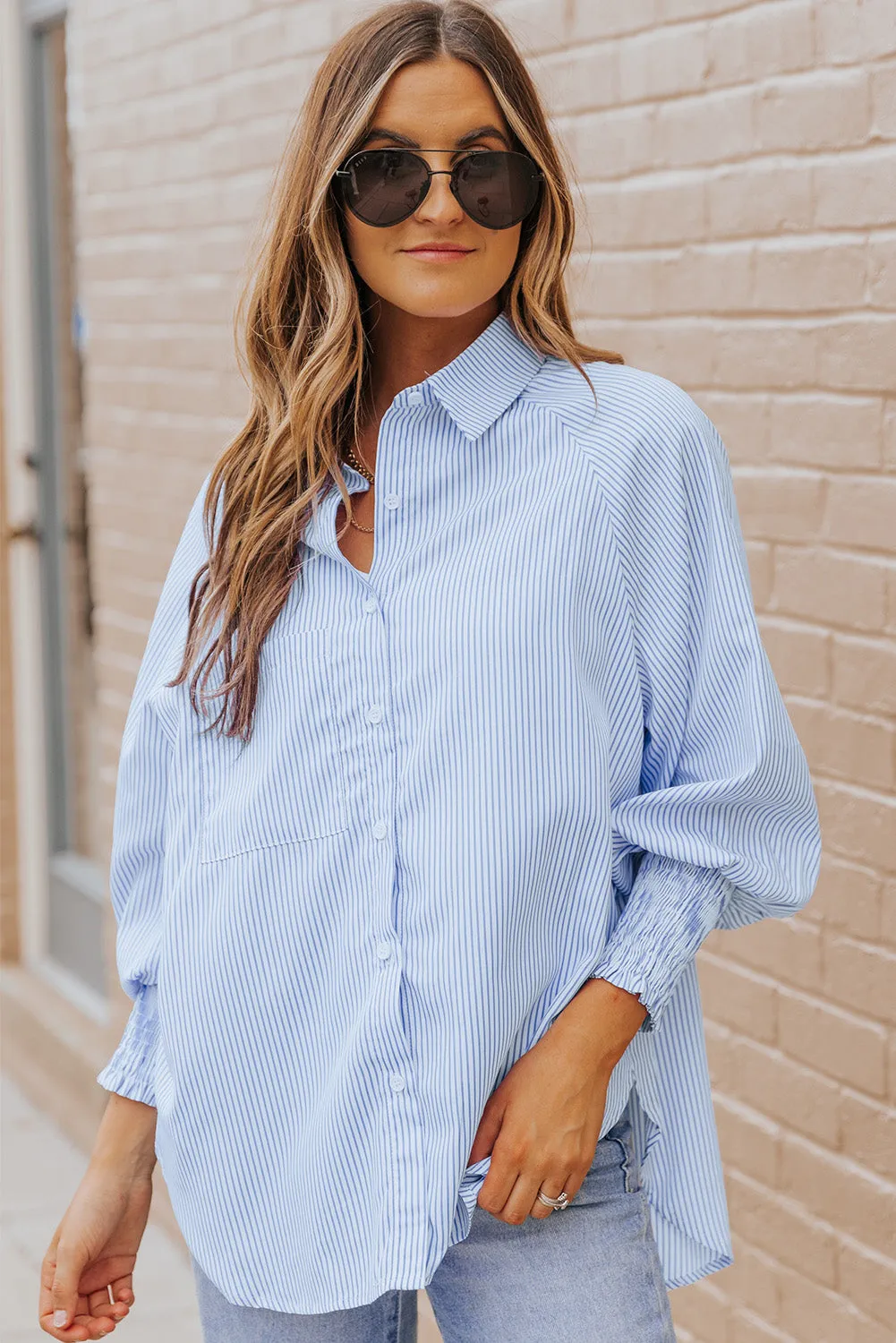 Striped Lantern Sleeve Collared Shirt sold by Gigi Laurent