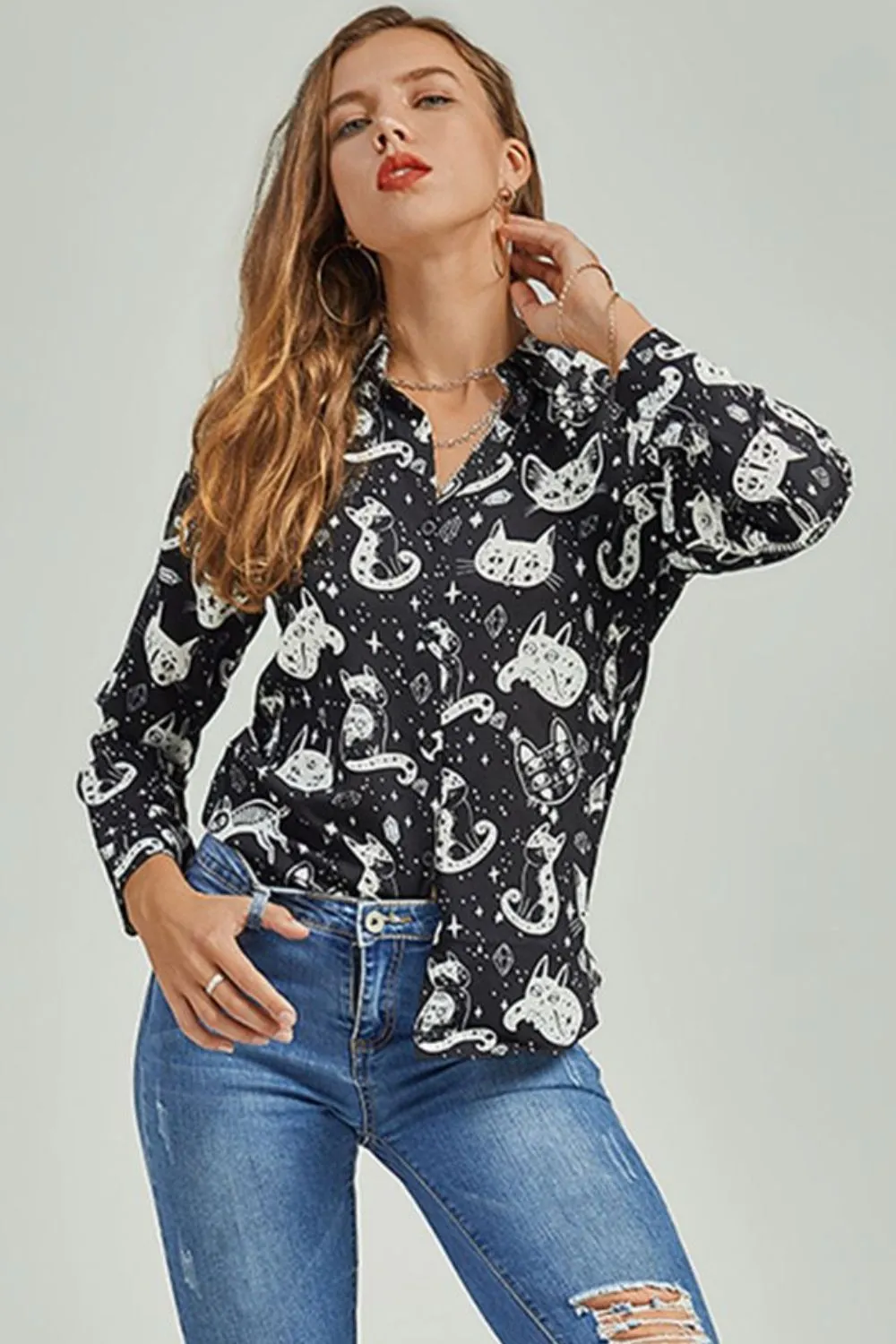 Cat Print Button-Up Shirt sold by Gigi Laurent