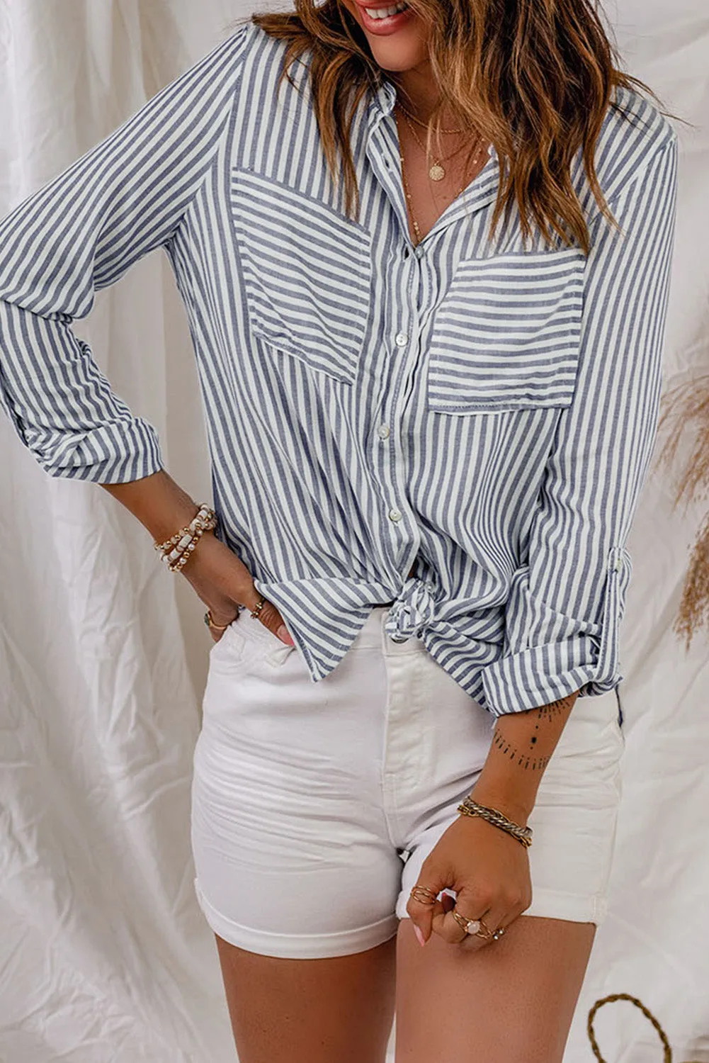 Striped Button-Up Roll-Tab Sleeve Shirt sold by Gigi Laurent product image thumbnail 3