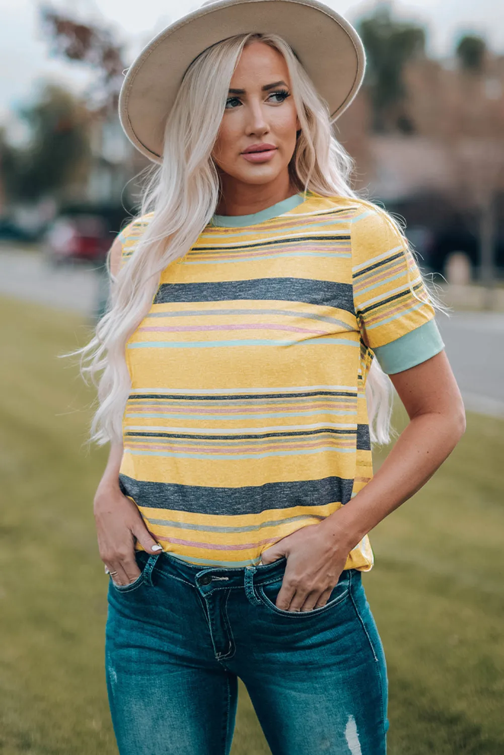 Multicolored Striped Round Neck Tee Shirt sold by Gigi Laurent product image thumbnail 3