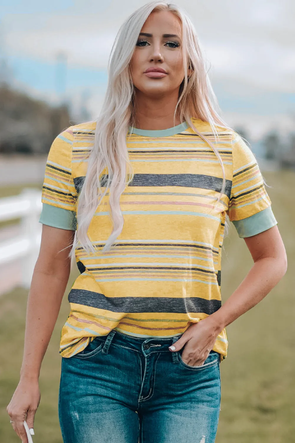 Multicolored Striped Round Neck Tee Shirt sold by Gigi Laurent
