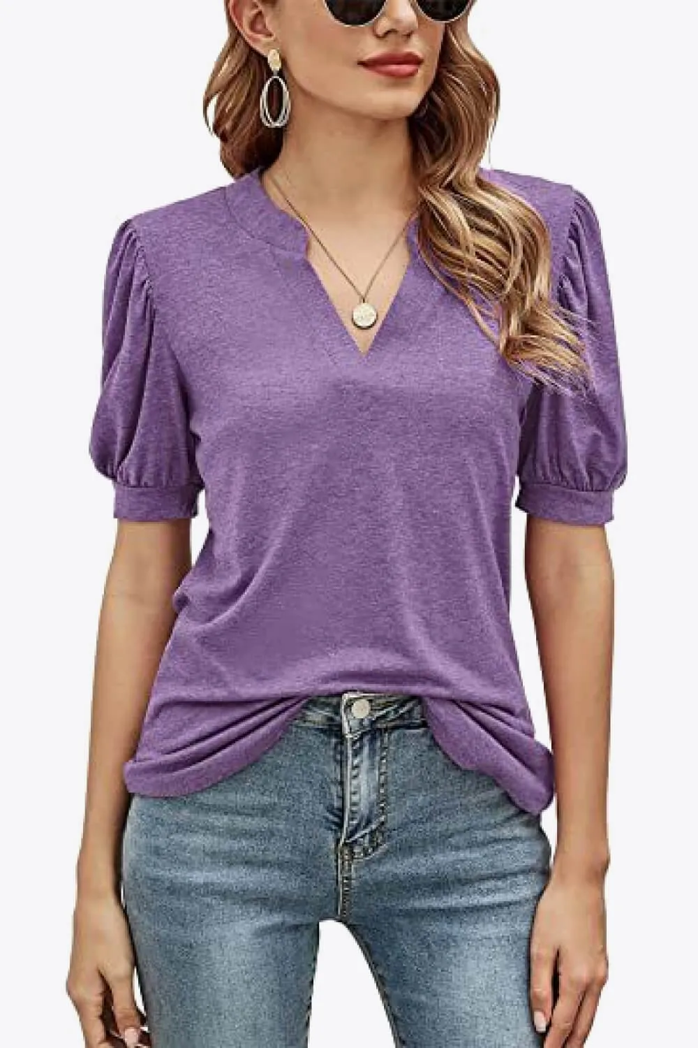 Notched Neck Puff Sleeve Tee sold by Gigi Laurent