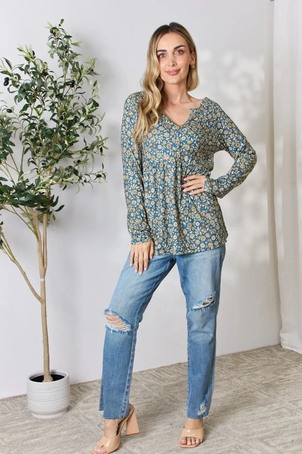 Heimish Full Size Floral Half Button Long Sleeve Blouse sold by Gigi Laurent product image thumbnail 4
