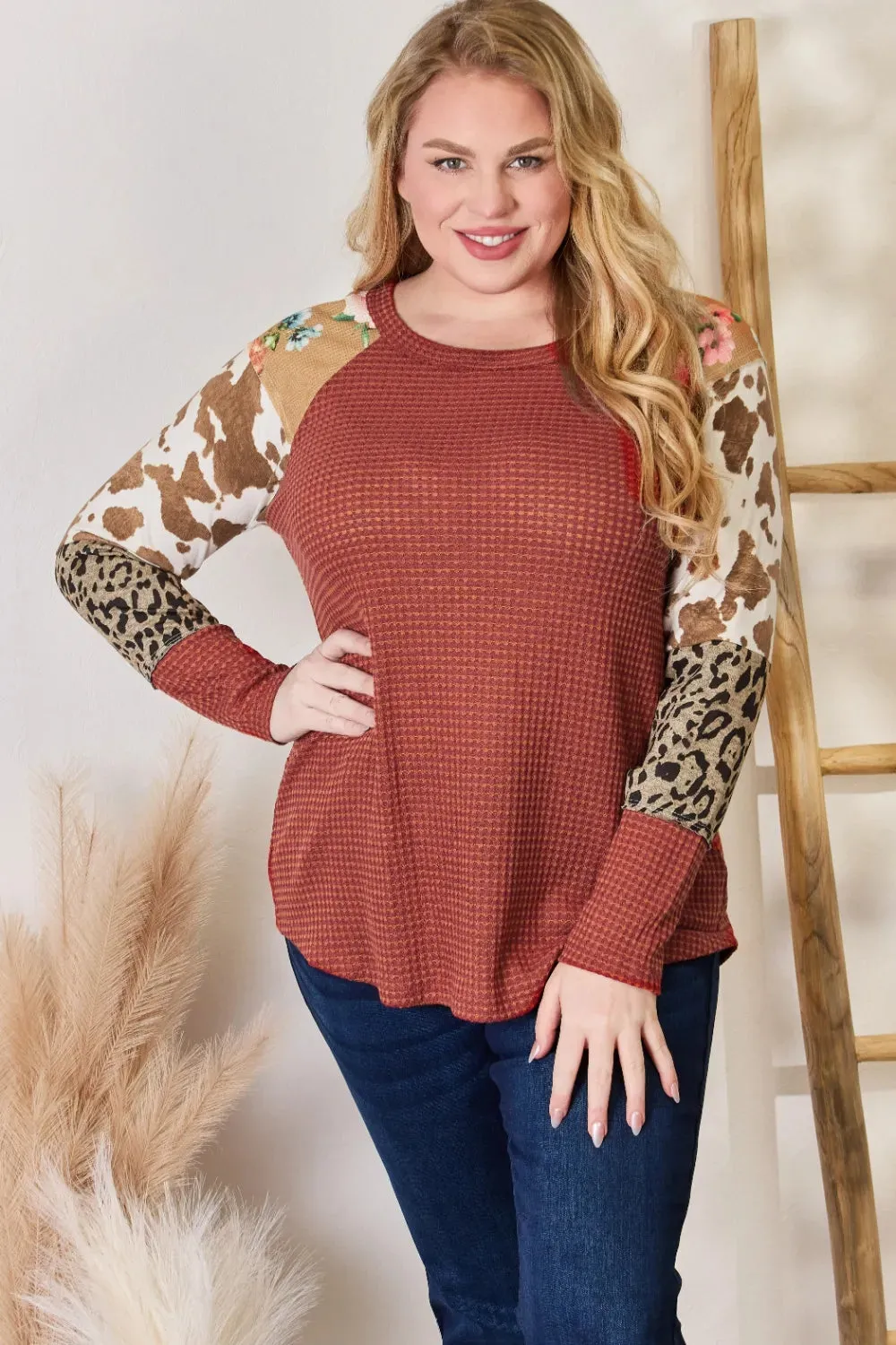 Hailey & Co Full Size Leopard Waffle-Knit Blouse sold by Gigi Laurent