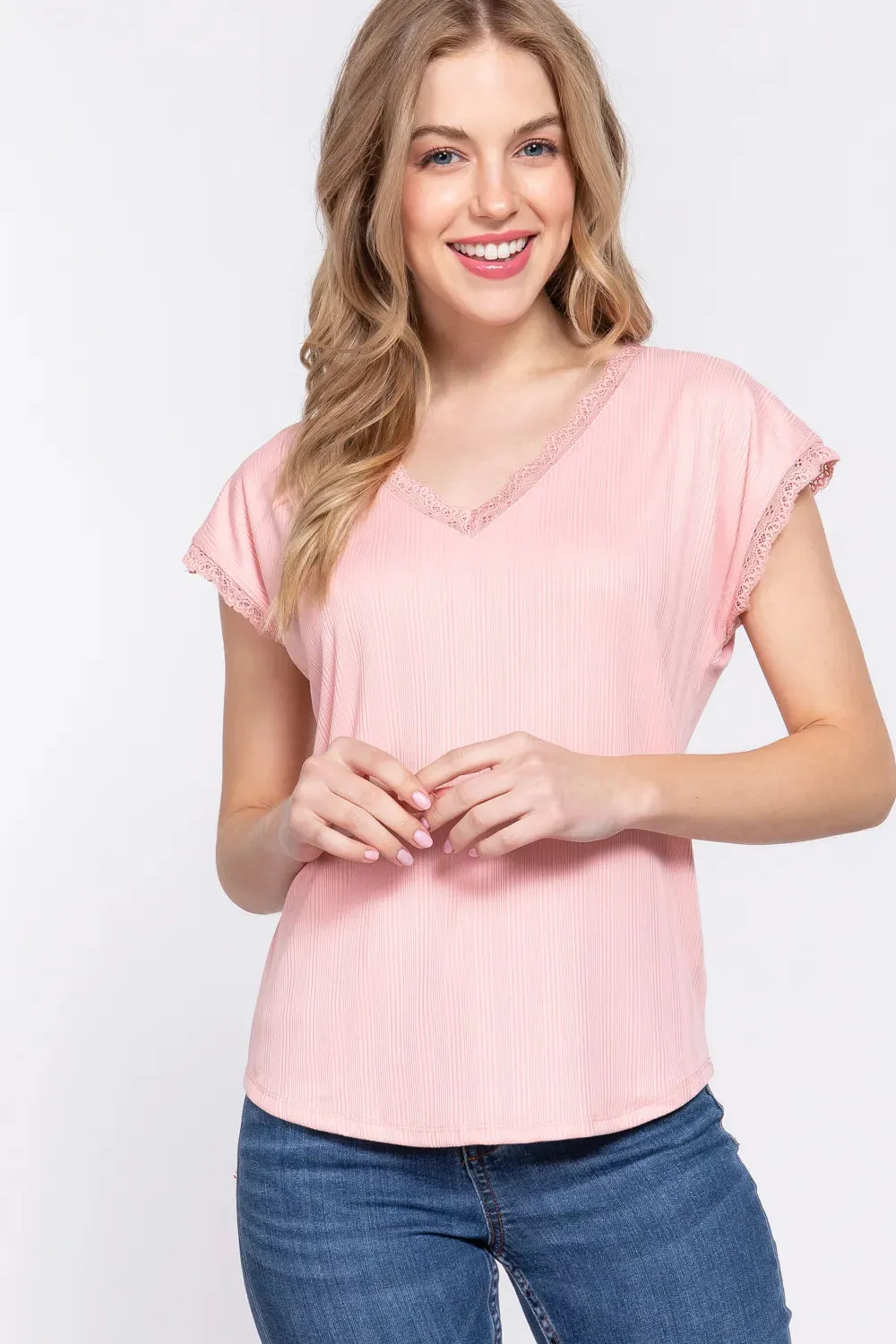 ACTIVE BASIC Lace Trim V-Neck Short Sleeve Ribbed Top sold by Gigi Laurent