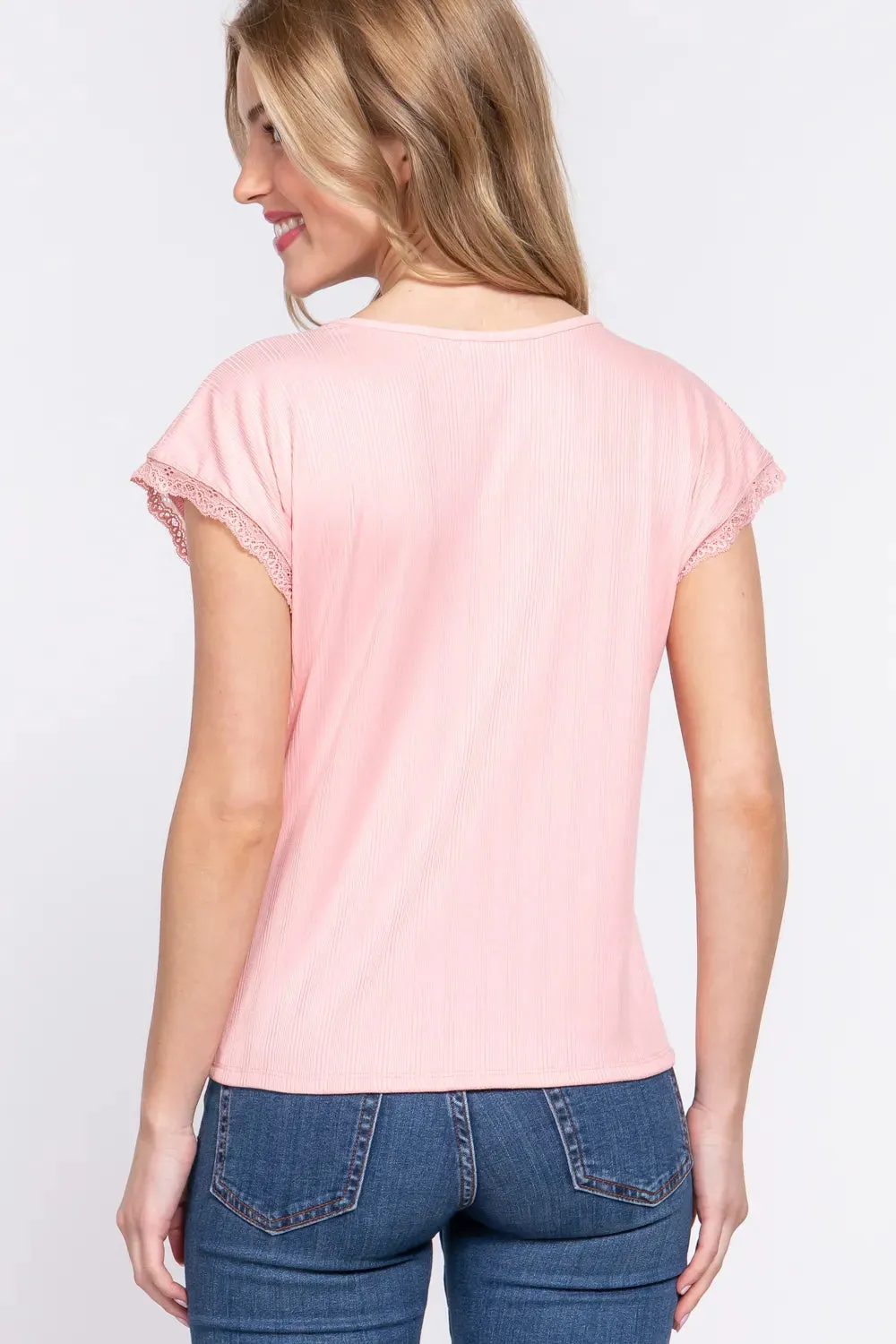 ACTIVE BASIC Lace Trim V-Neck Short Sleeve Ribbed Top sold by Gigi Laurent product image thumbnail 2
