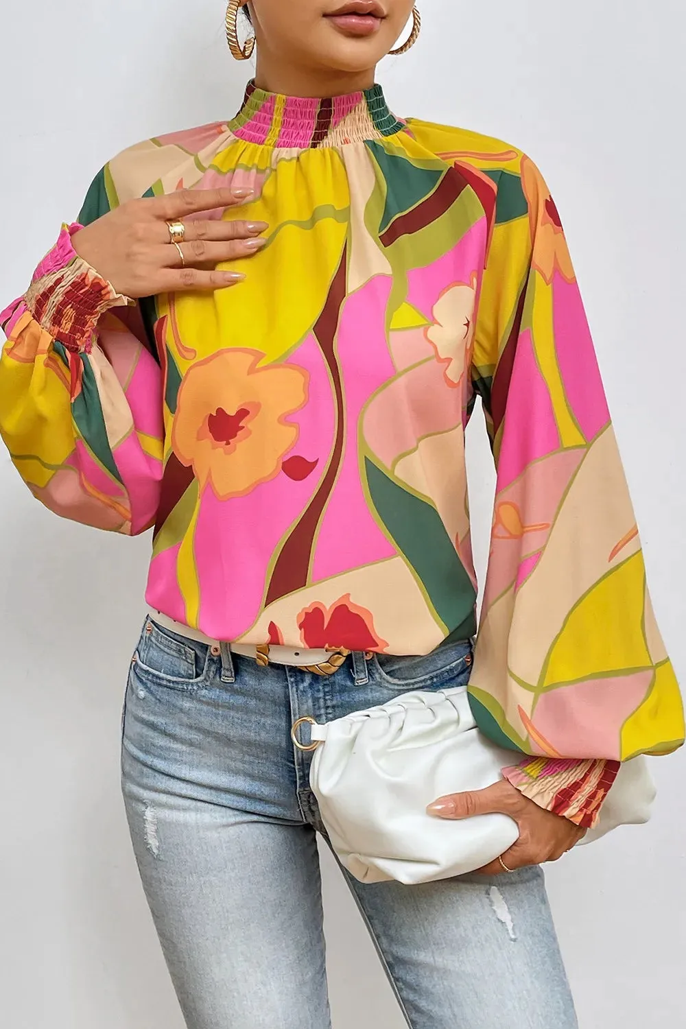 Floral Smocked Lantern Sleeve Mock Neck Blouse sold by Gigi Laurent product image thumbnail 4