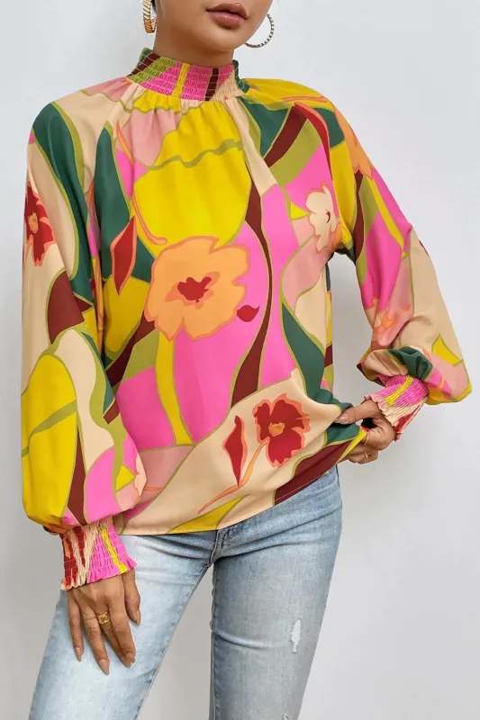 Floral Smocked Lantern Sleeve Mock Neck Blouse sold by Gigi Laurent
