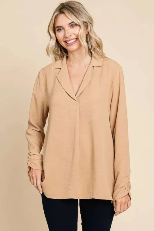 Culture Code Full Size Lapel Collar Ruched Long Sleeve Blouse sold by Gigi Laurent