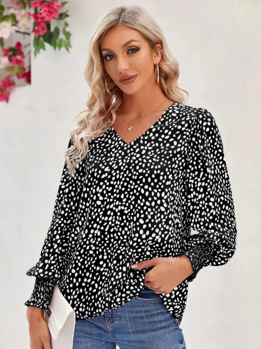 Printed V-Neck Lantern Sleeve Blouse sold by Gigi Laurent product image thumbnail 3