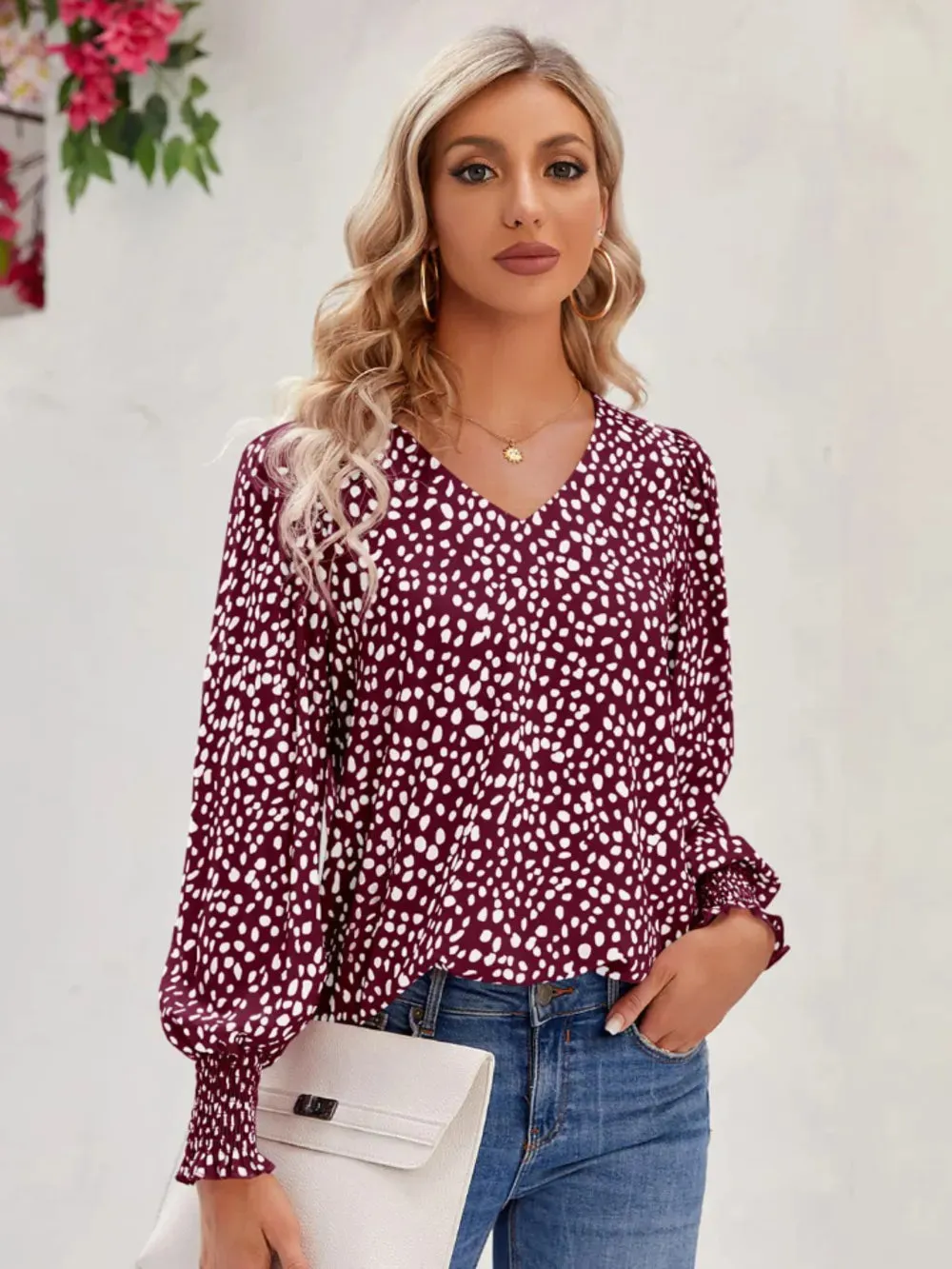 Printed V-Neck Lantern Sleeve Blouse sold by Gigi Laurent product image thumbnail 4