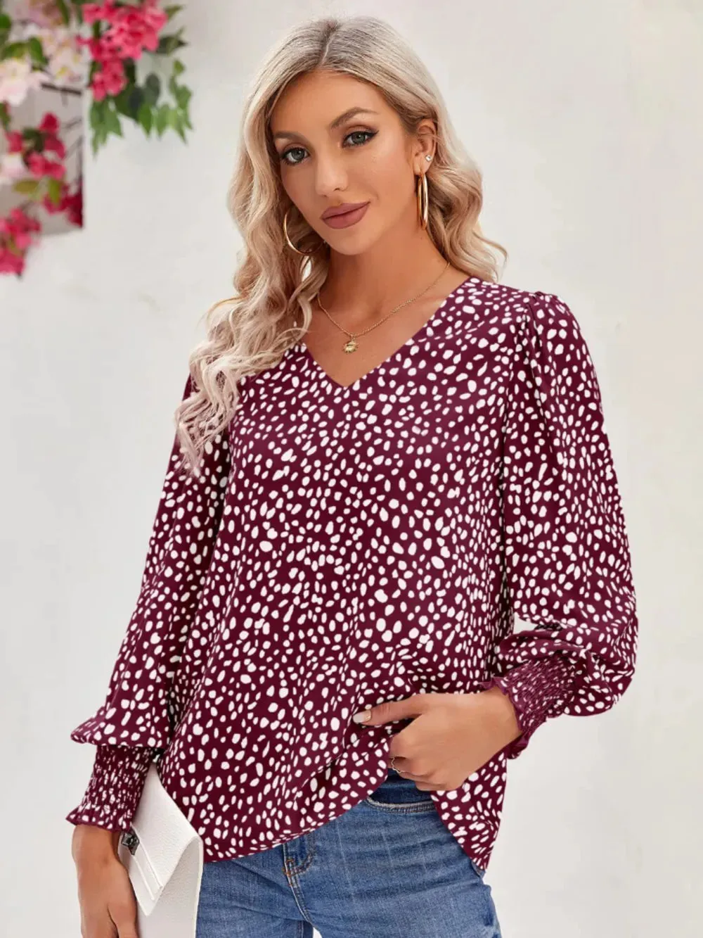 Printed V-Neck Lantern Sleeve Blouse sold by Gigi Laurent product image thumbnail 5