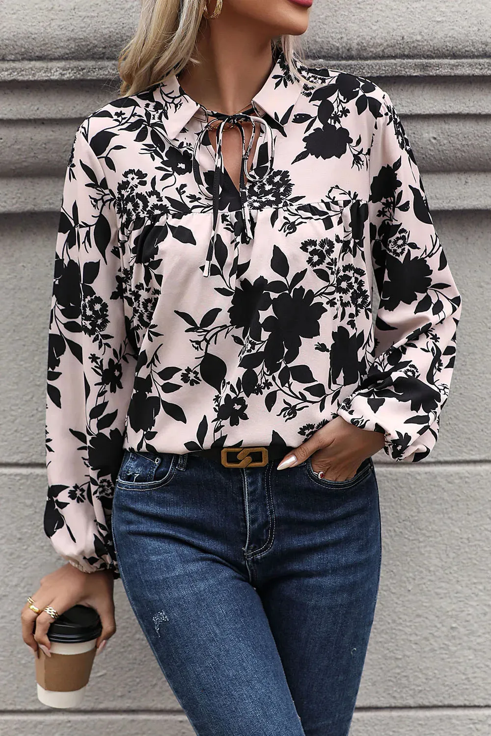 Perfee Printed Tie Neck Balloon Sleeve Blouse sold by Gigi Laurent product image thumbnail 4