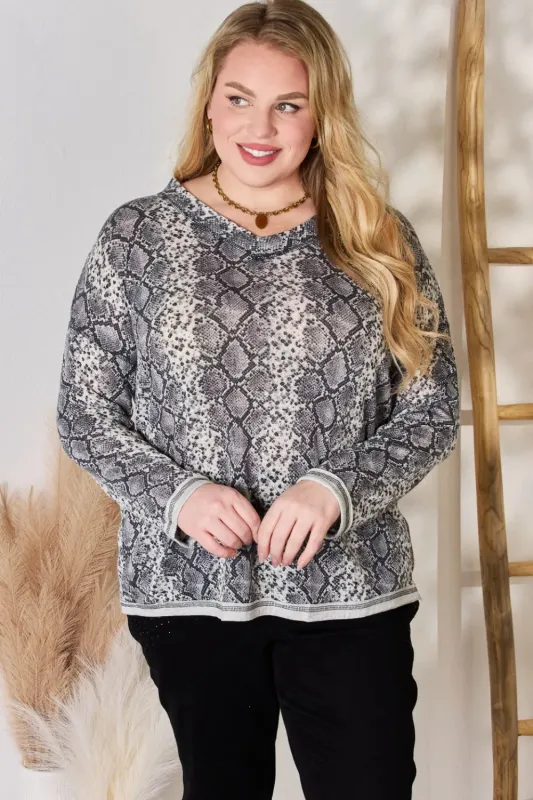 Hailey & Co Full Size Snakeskin V-Neck Long Sleeve Top sold by Gigi Laurent