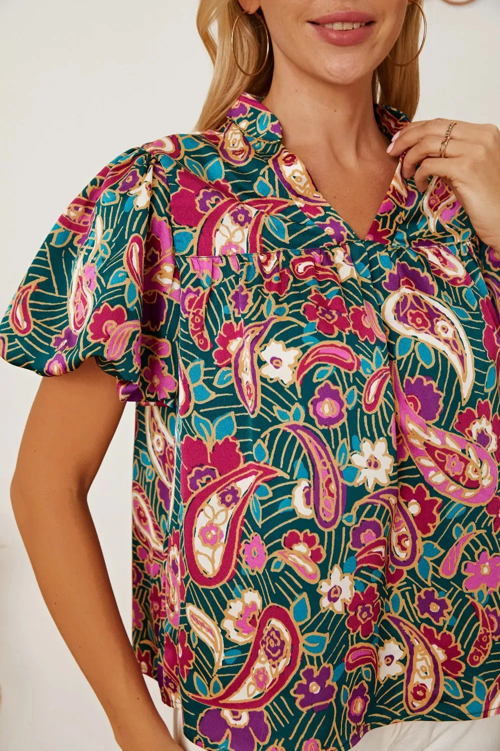 Floral Collared Neck Short Sleeve Blouse sold by Gigi Laurent product image thumbnail 4