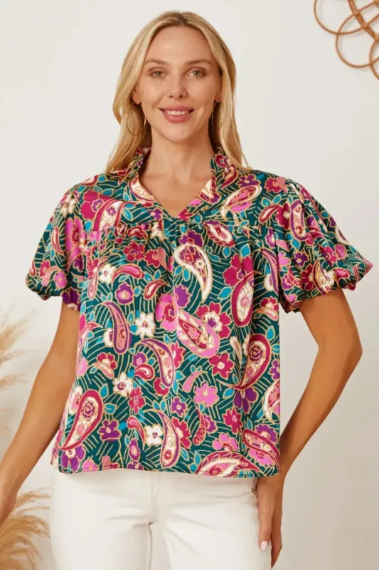Floral Collared Neck Short Sleeve Blouse sold by Gigi Laurent