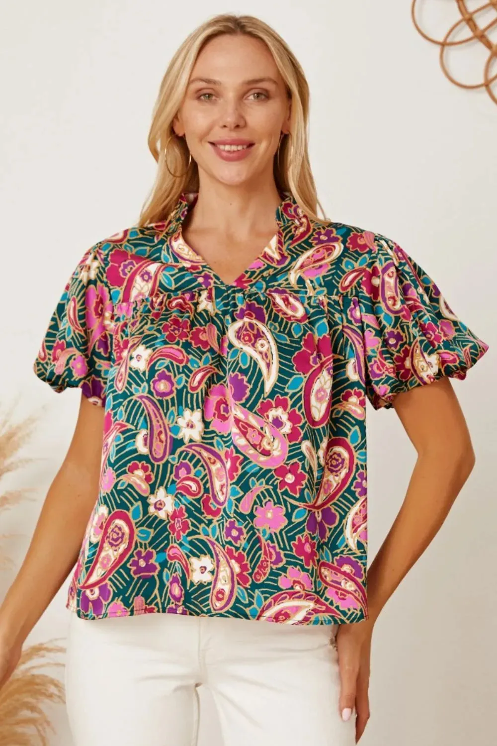 Floral Collared Neck Short Sleeve Blouse sold by Gigi Laurent