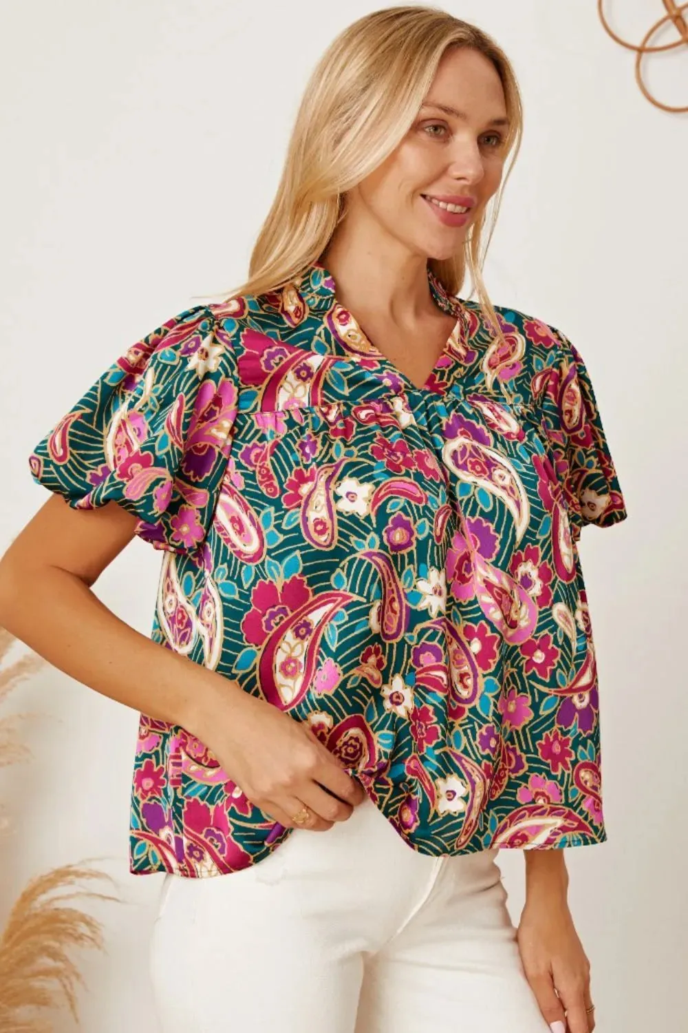 Floral Collared Neck Short Sleeve Blouse sold by Gigi Laurent product image thumbnail 3