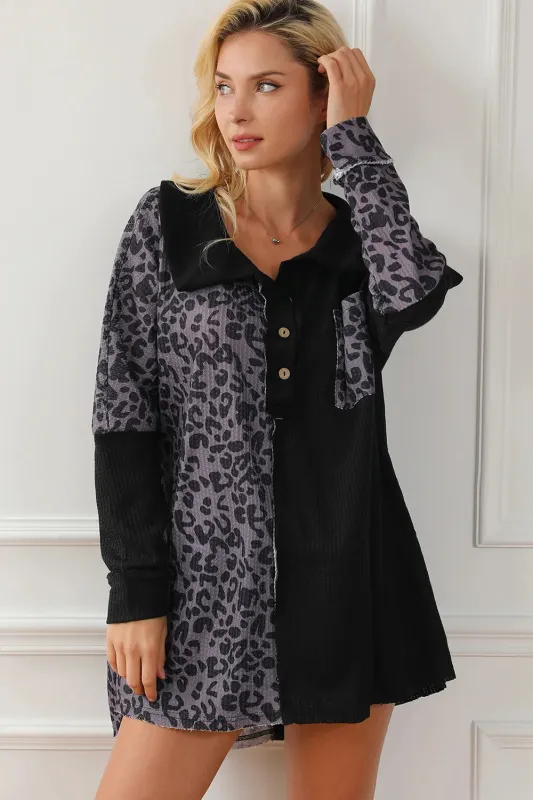 Half Button Leopard Collared Neck Blouse sold by Gigi Laurent