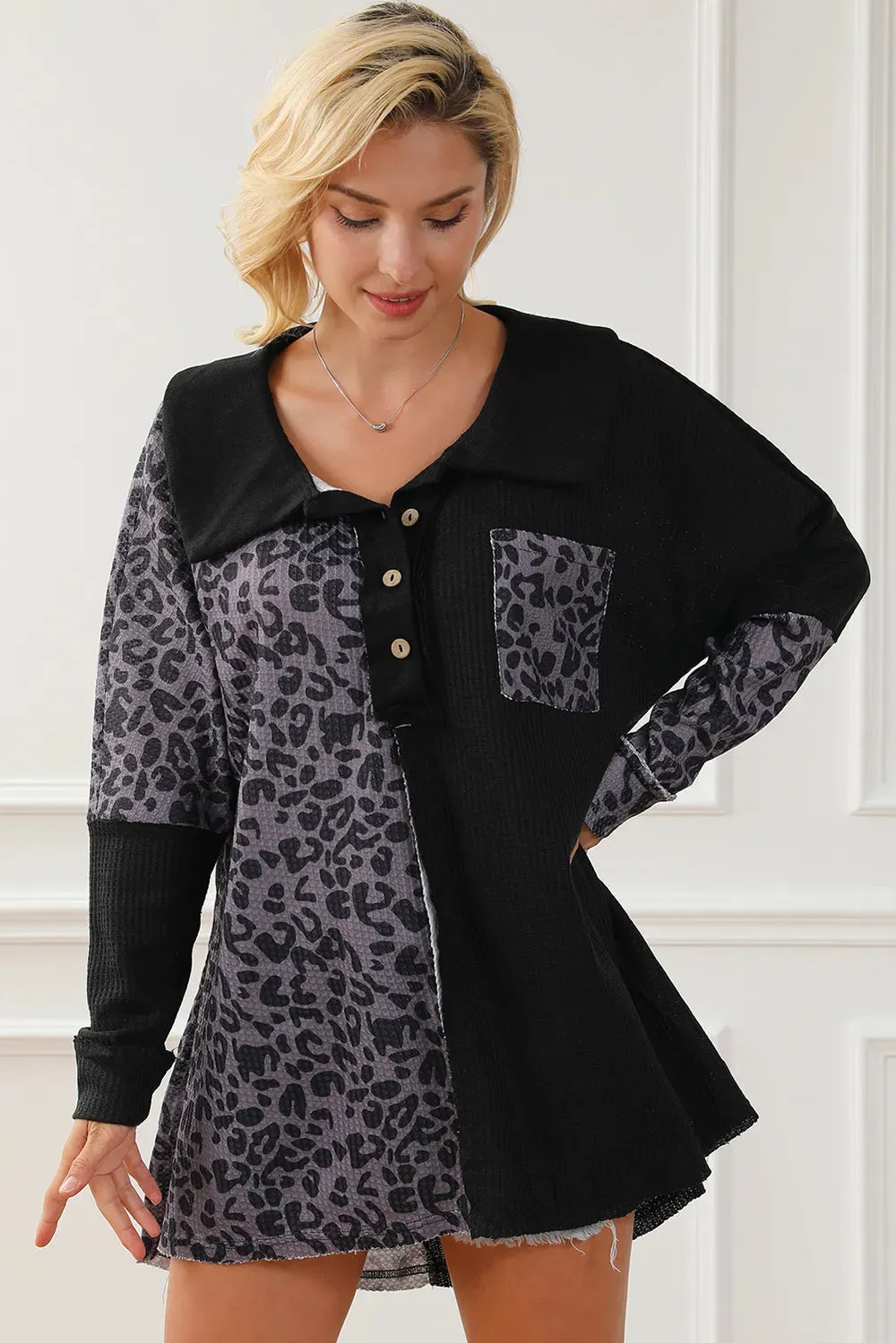 Half Button Leopard Collared Neck Blouse sold by Gigi Laurent product image thumbnail 4