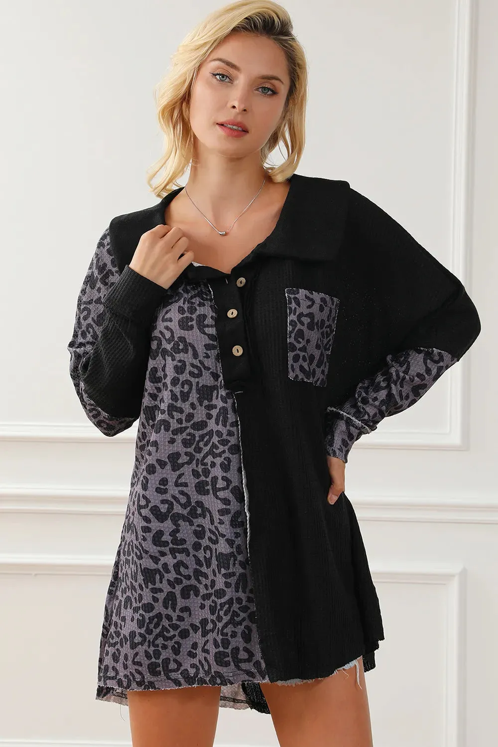Half Button Leopard Collared Neck Blouse sold by Gigi Laurent product image thumbnail 3