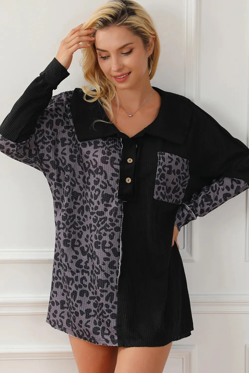 Half Button Leopard Collared Neck Blouse sold by Gigi Laurent product image thumbnail 5