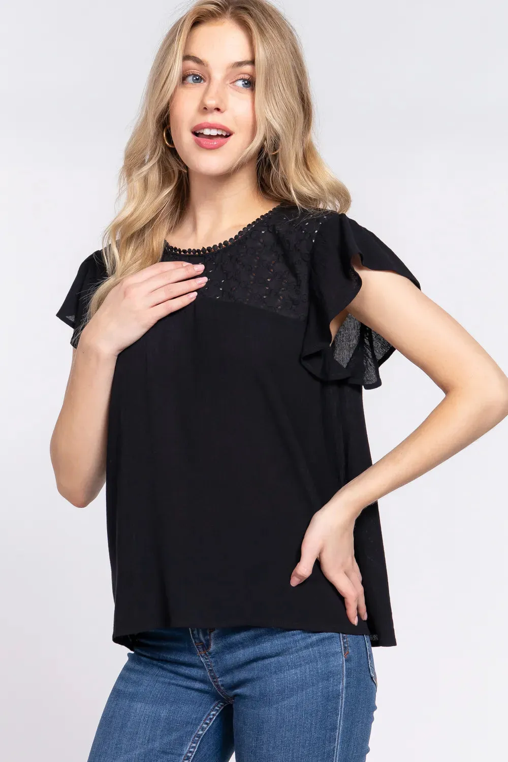 ACTIVE BASIC Ruffle Short Sleeve Crochet Blouse sold by Gigi Laurent product image thumbnail 3