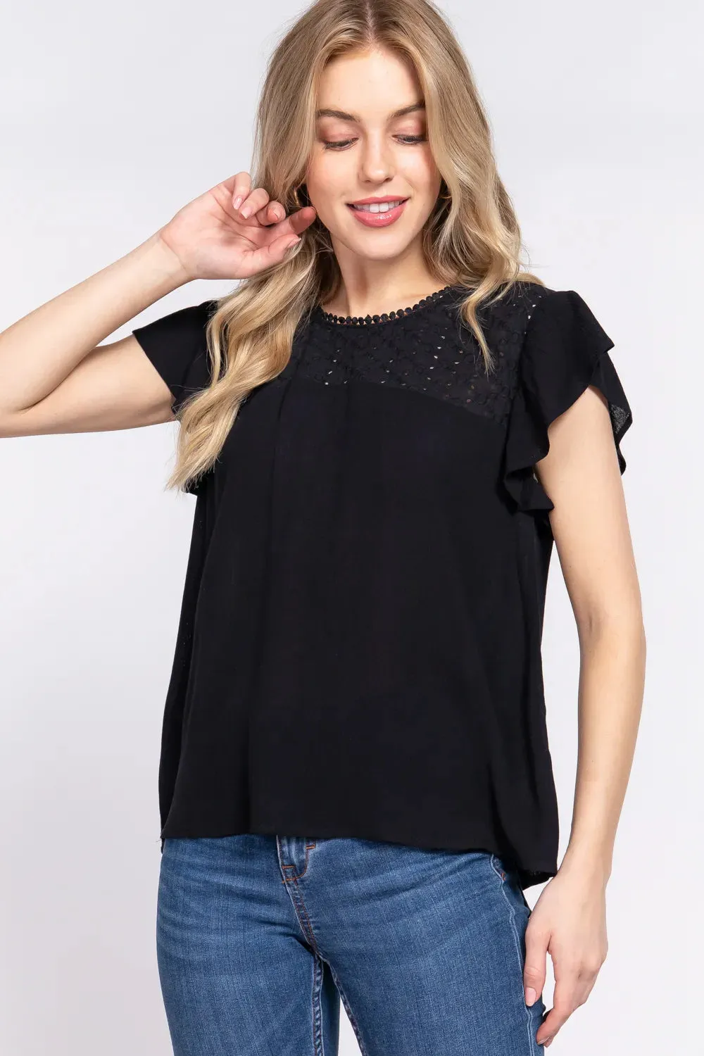ACTIVE BASIC Ruffle Short Sleeve Crochet Blouse sold by Gigi Laurent
