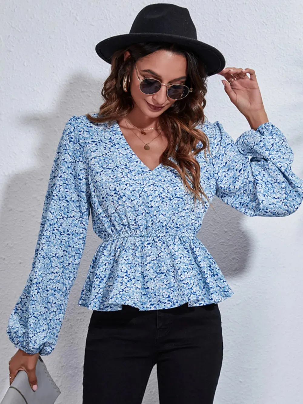 Floral V-Neck Balloon Sleeve Peplum Blouse sold by Gigi Laurent product image thumbnail 4