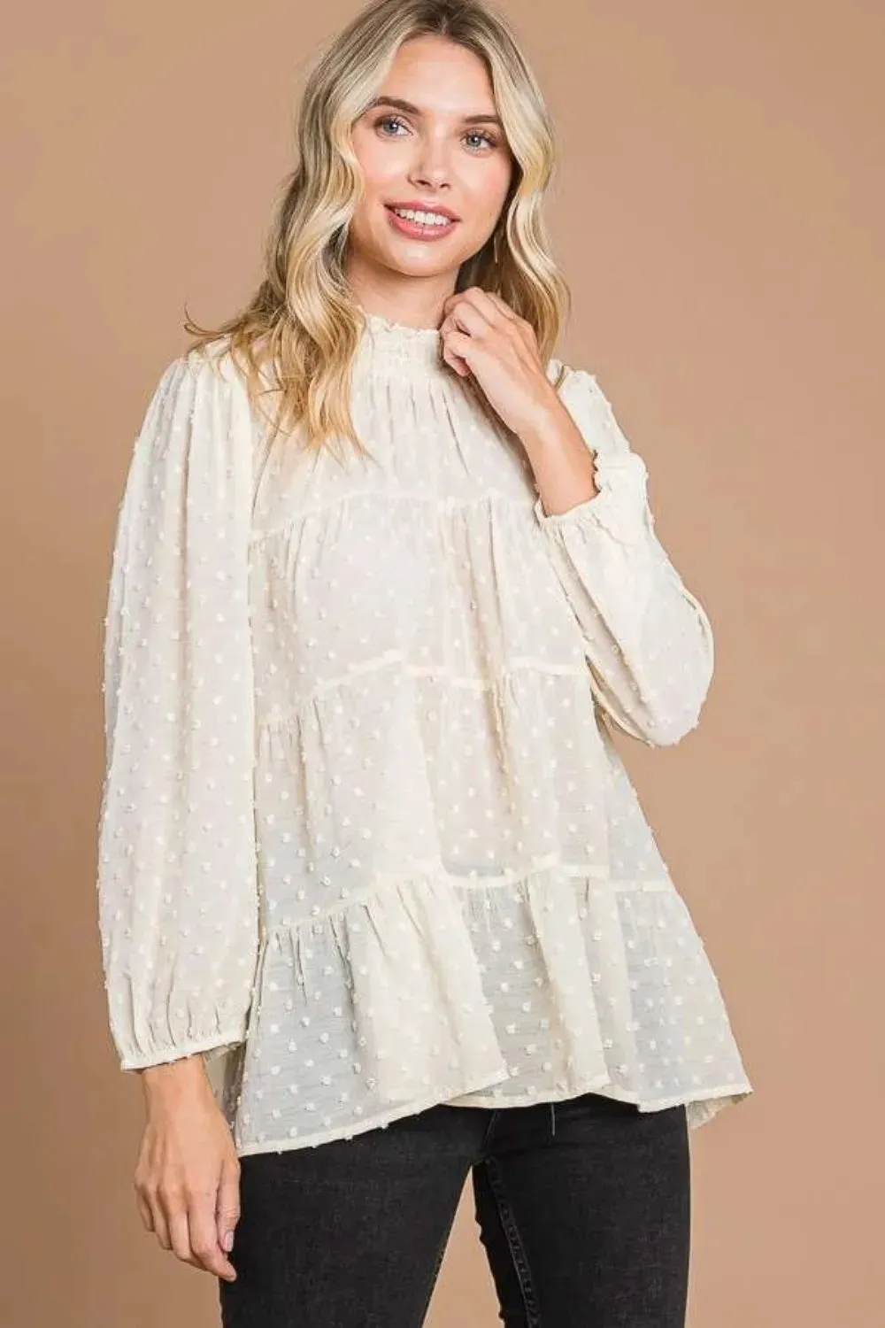 Culture Code Full Size Swiss Dot Smocked Mock Neck Blouse Plus Size sold by Gigi Laurent product image thumbnail 4
