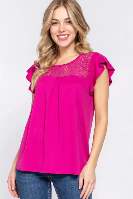 ACTIVE BASIC Ruffle Short Sleeve Lace Detail Knit Top sold by Gigi Laurent