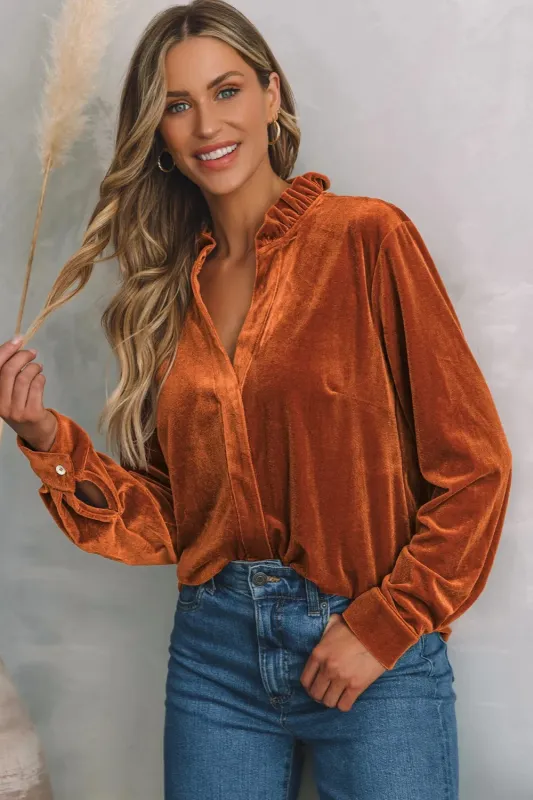 Notched Frill Detail Long Sleeve Blouse sold by Gigi Laurent